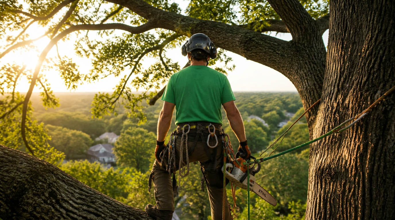 Arborist working high in an oak tree at sunset over St. Louis