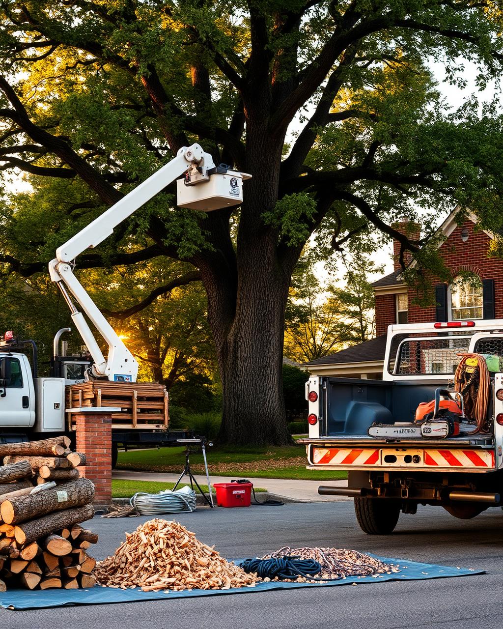 Southfork bucket truck and equipment at a St. Louis tree job site
